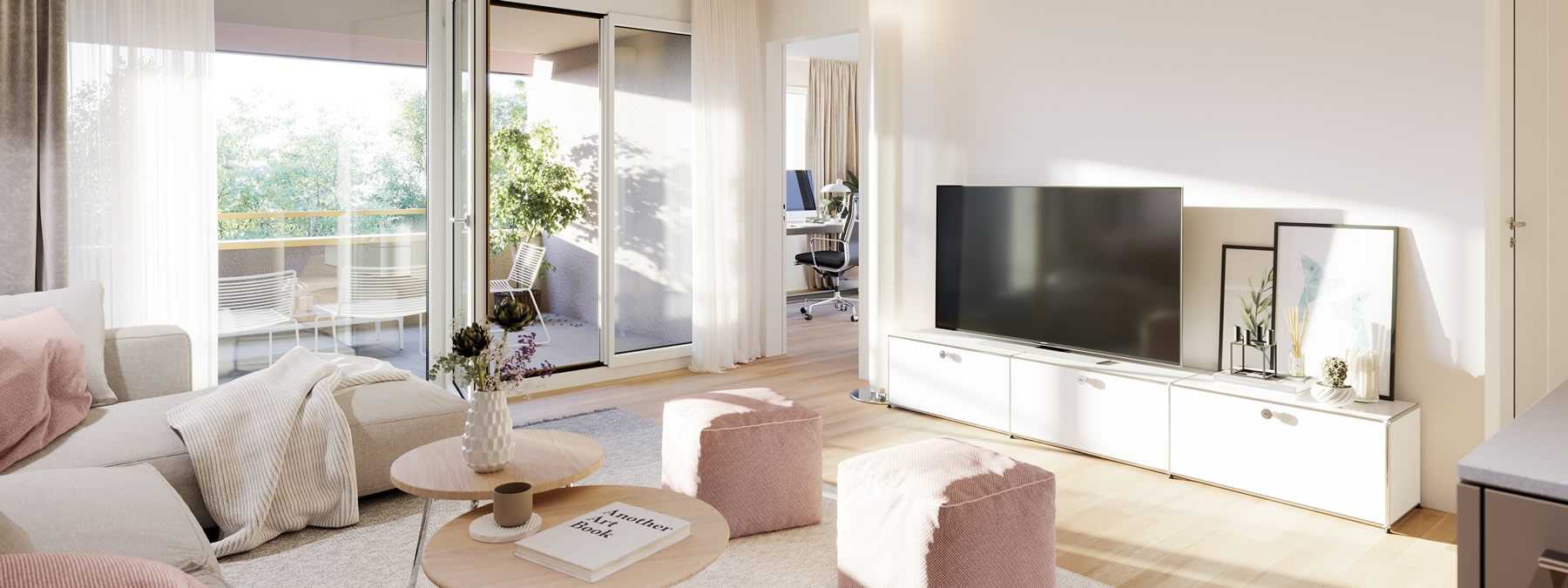 Visualisierung des Wohnzimmers einer Wohnung im Sonnenhof Dietikon