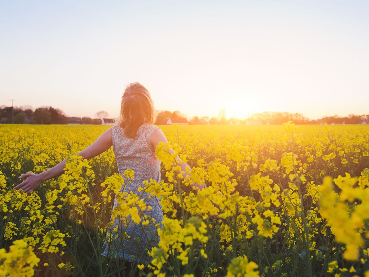 Blühende Wieso in der Region Dietikon Frau läuft durch ein Blumenfeld